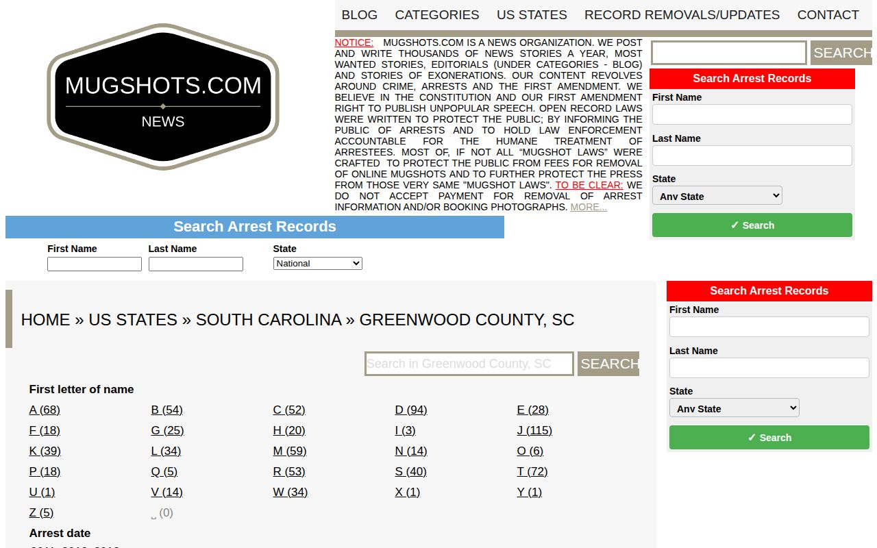 Greenwood County historical Mugshots.com county-section record