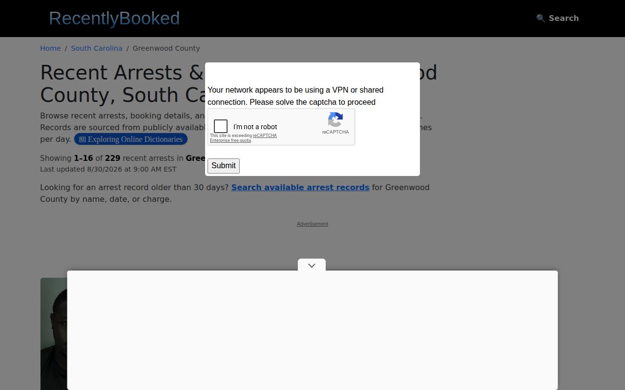 Greenwood County unofficial RecentlyBooked county-section record