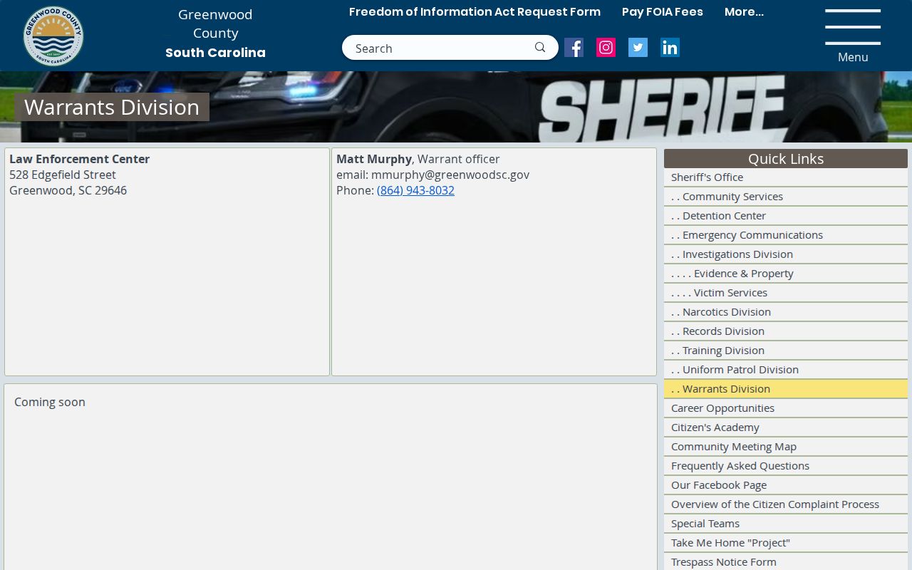 Greenwood County Warrants Division warrant-check contact record