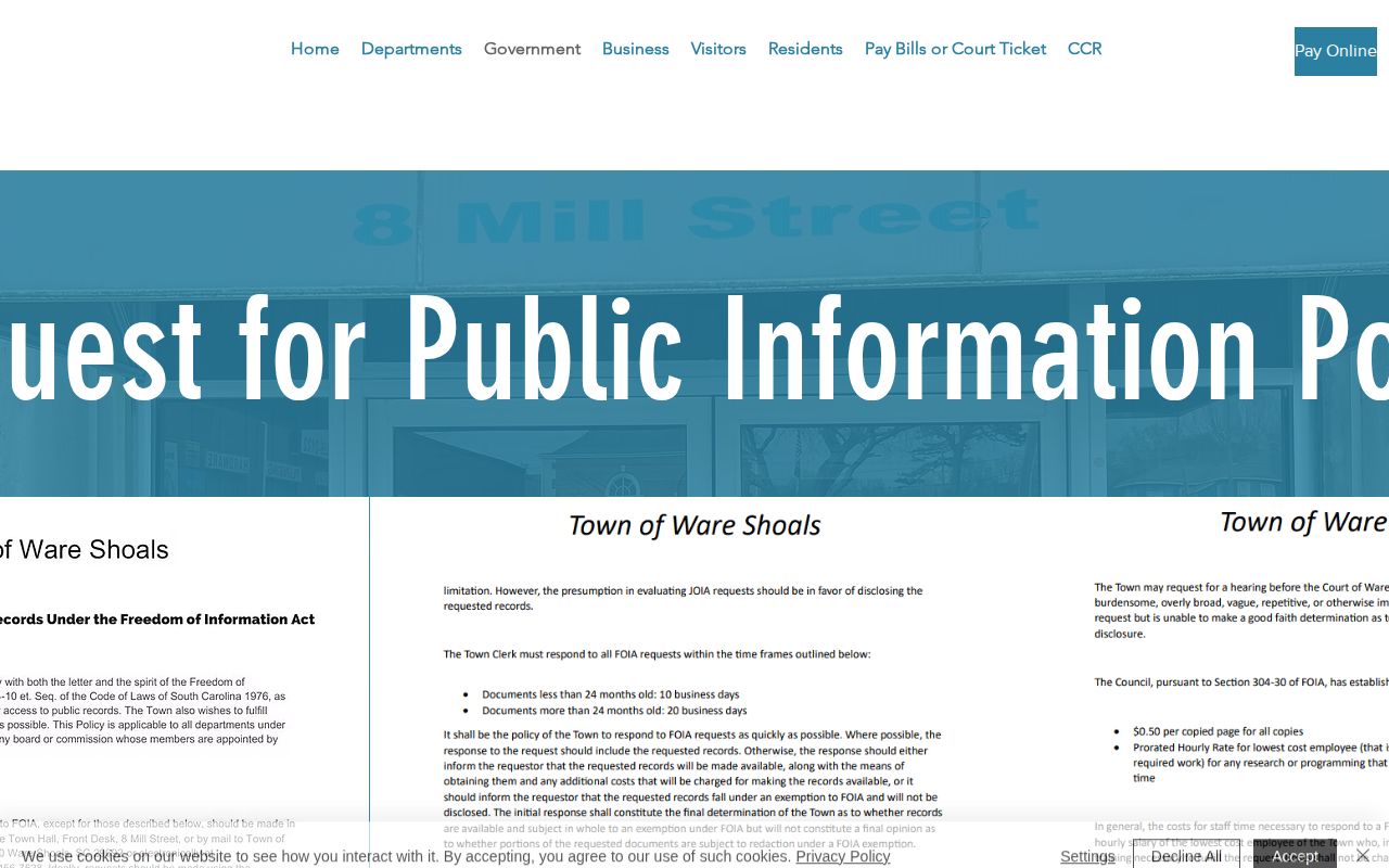 Greenwood County Ware Shoals town FOIA arrest-record request page